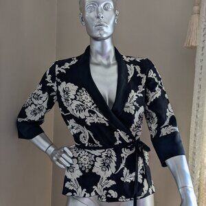 Bianca Nygard Silk Black & White Floral Wrap Kimono Top